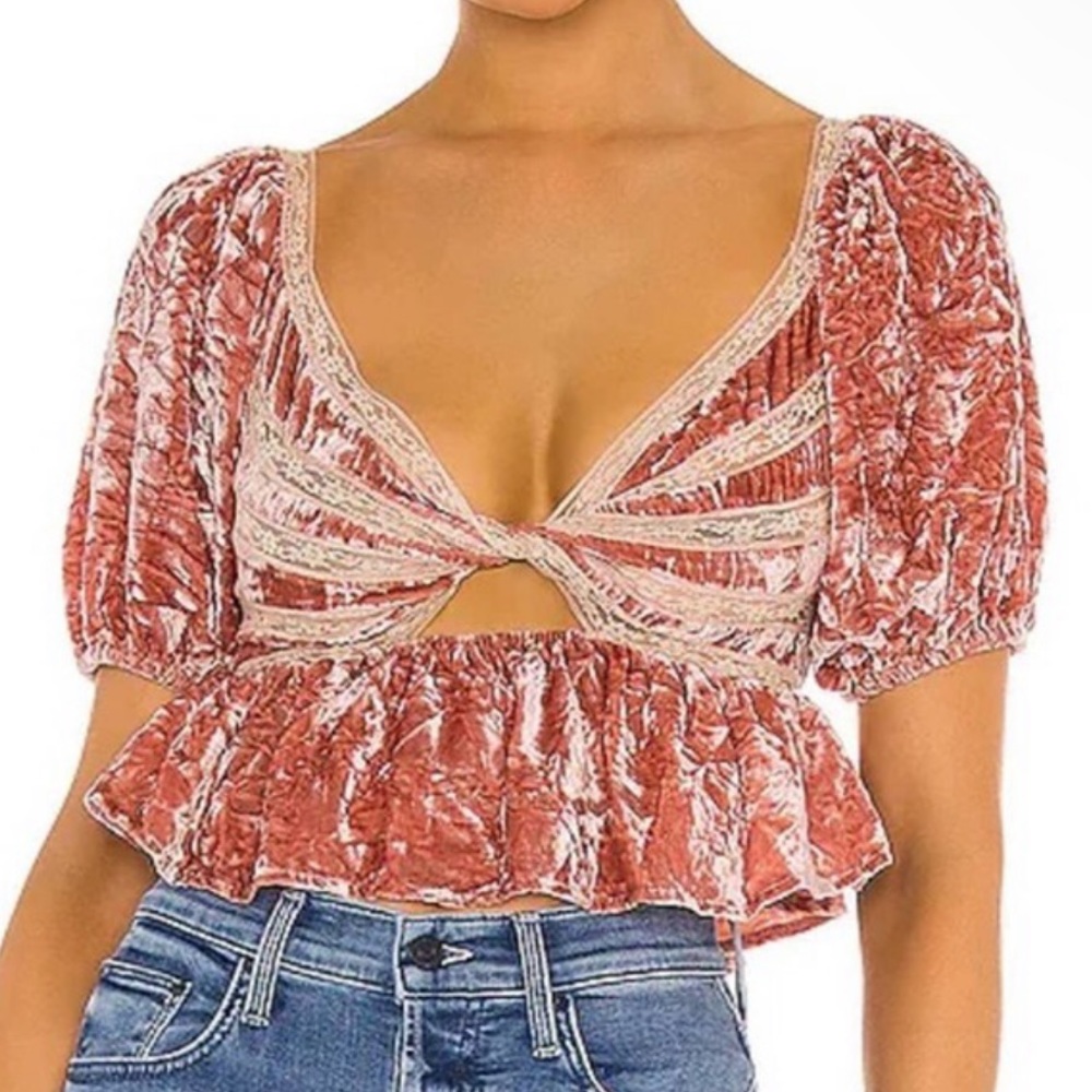 Free People Yours Truly Velvet Peplum Lace Trim Blouse In Mauve. NWT! Sz M